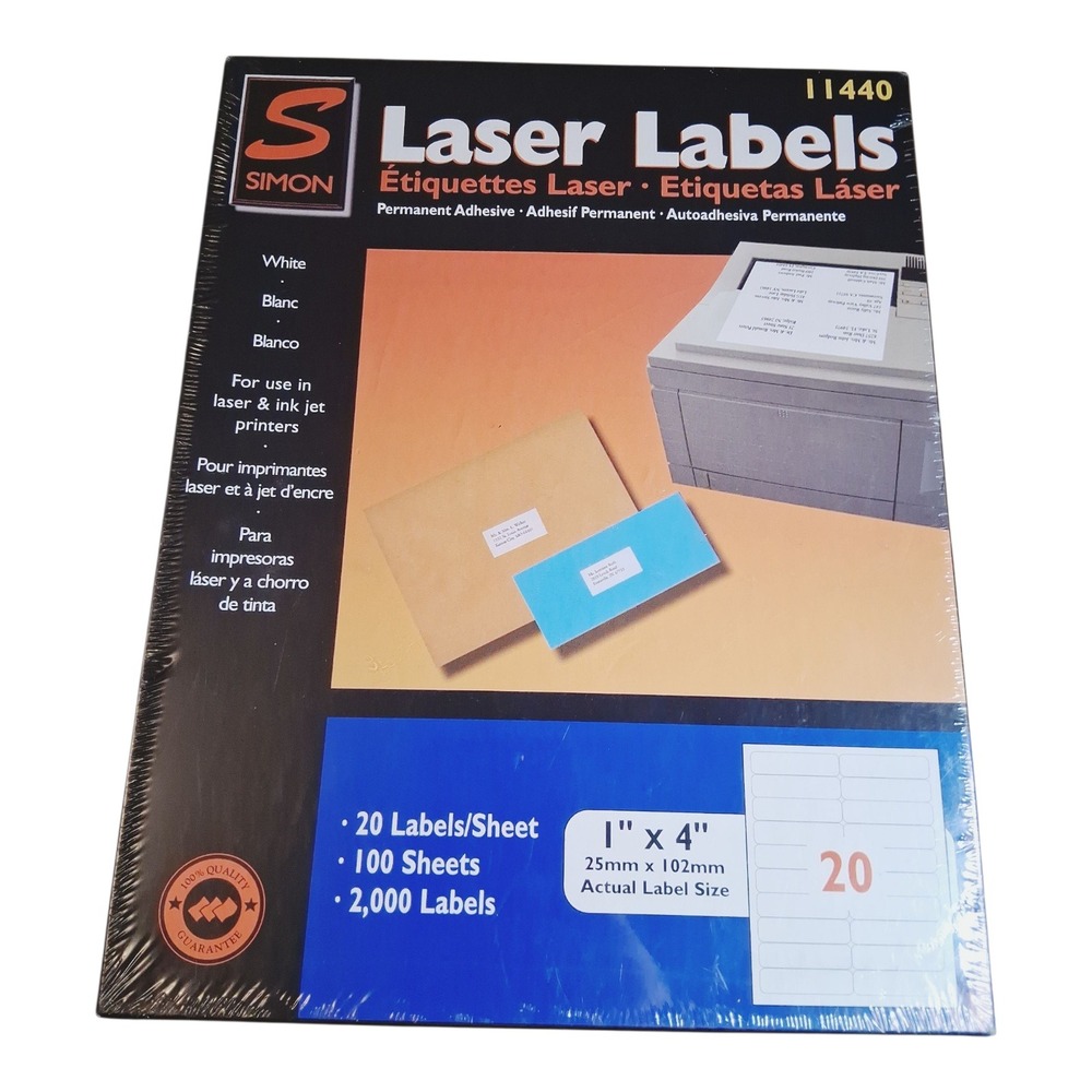 Simon‎ Laser Labels 1x4 Inch White Permanent Adhesive 2000 Labels 100 Sheets New